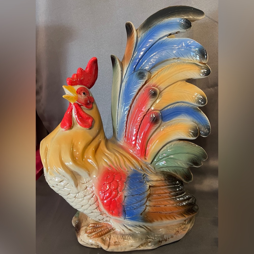 Exquisitely Colorful Glazed Ceramic Rooster Decor. 15” tall x 11” wide